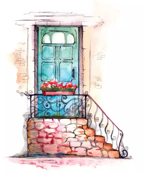 Aquarell einer Haustür aus Holz
