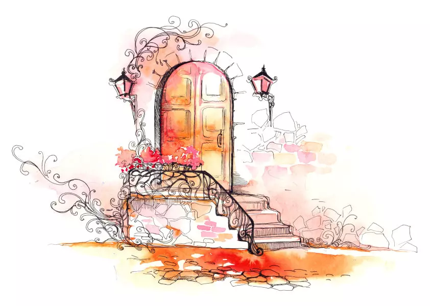 Aquarell einer Haustür aus Holz