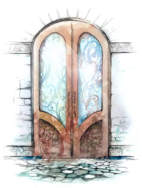 Aquarell einer Haustür aus Holz