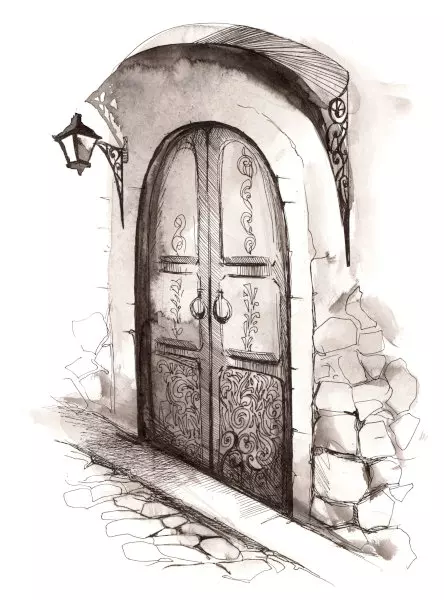 Aquarell einer Haustür aus Holz