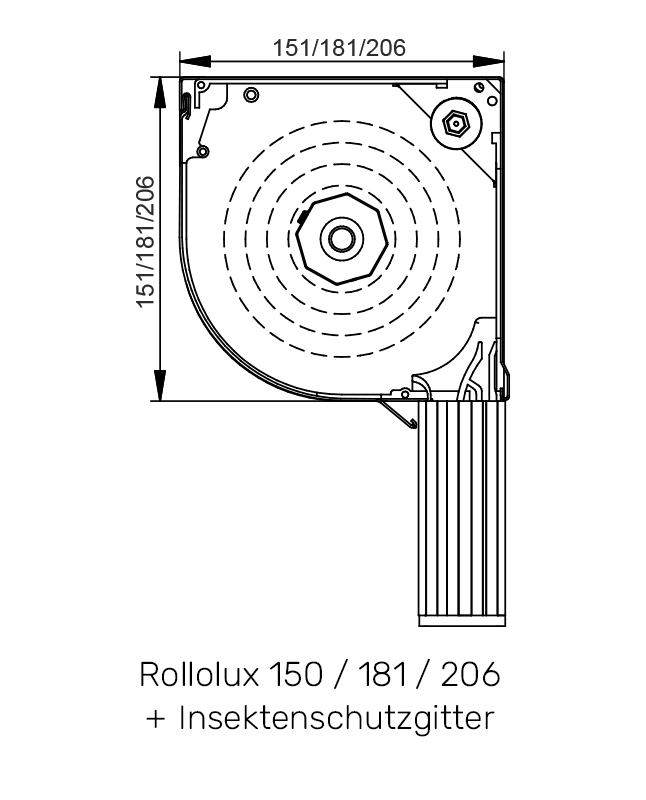 Rollolux mit Insektenschutzgitter technische Zeichnung Rollolux mit Insektenschutzgitter technische Zeichnung