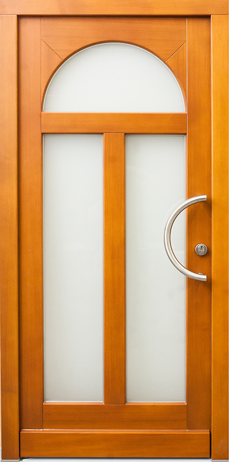 Holzhaustür mit Glasfüllung und halbrundem Stoßgriff