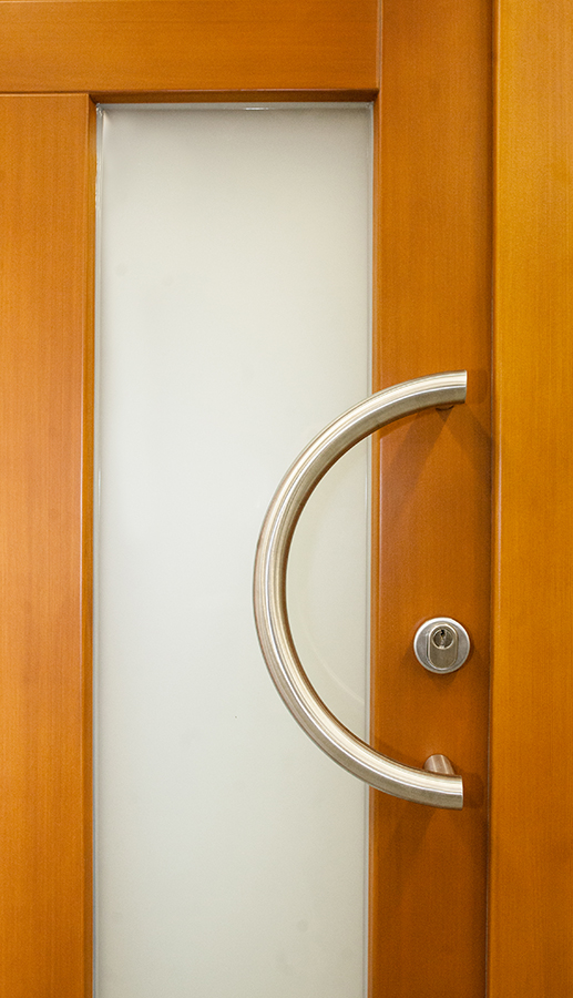 Holzhaustür mit Glasfüllung, Rosette und halbrundem Stoßgriff