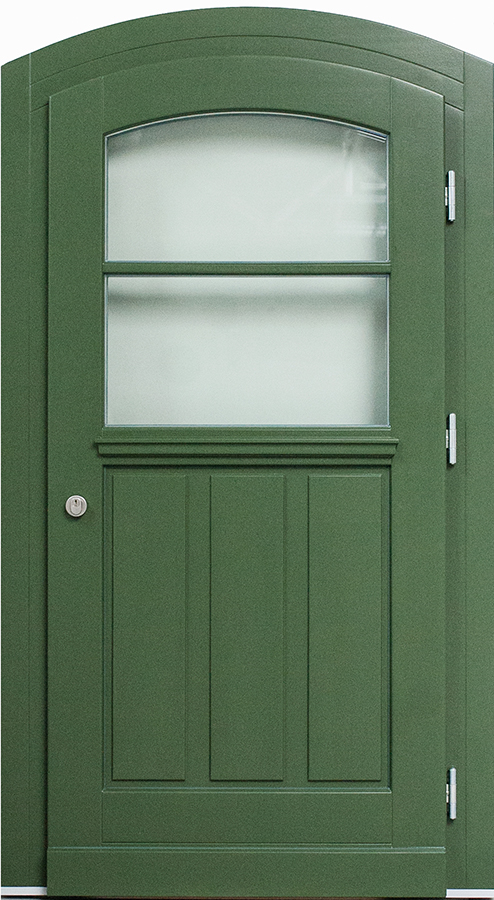 Grüne Holzhaustür mit Rosette und Glasfüllung