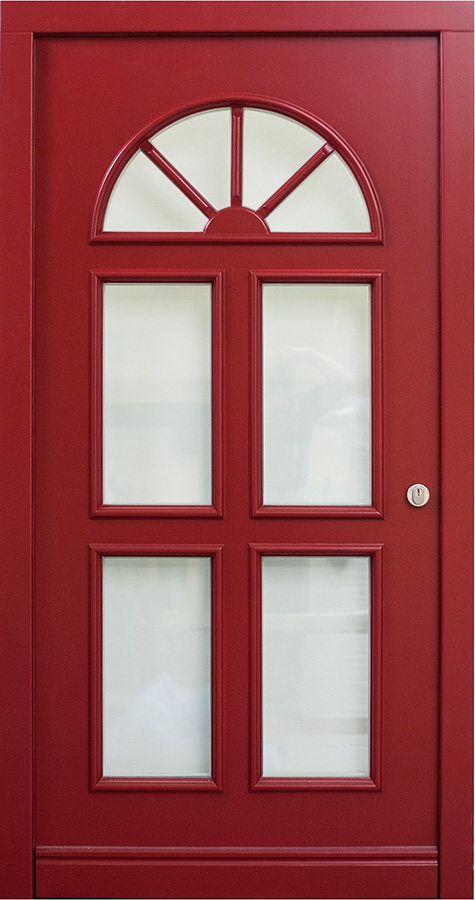 Rote Holz-Hauseingangstür mit Einsatzfüllung aus Glas