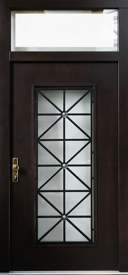 Holz-Haustür mit Verzierungen in der Glasfüllung, mit Oberlicht