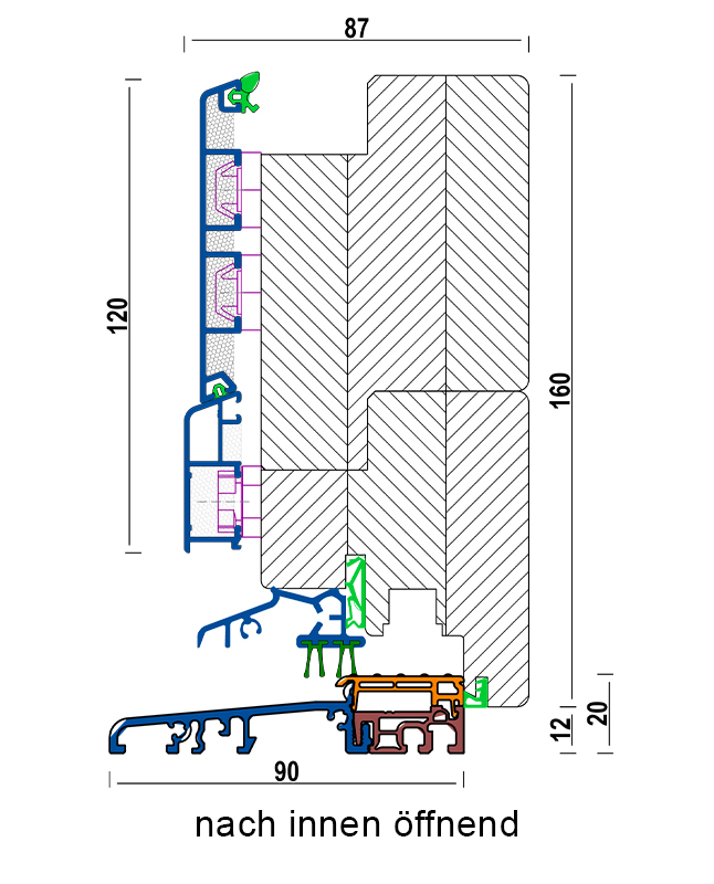 Premium-Line Holzhaustür Schnittzeichnung